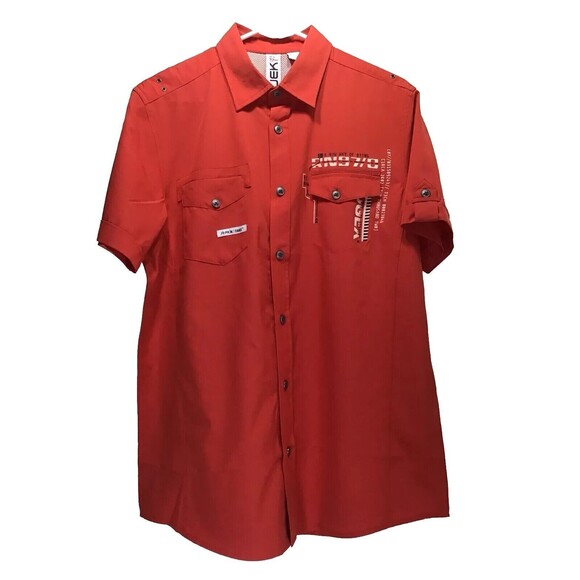 PROJEK RAW Men's Red Tech Design Bottom Up Short Sleeve Stretch Shirt Sz Medium - Picture 2 of 14